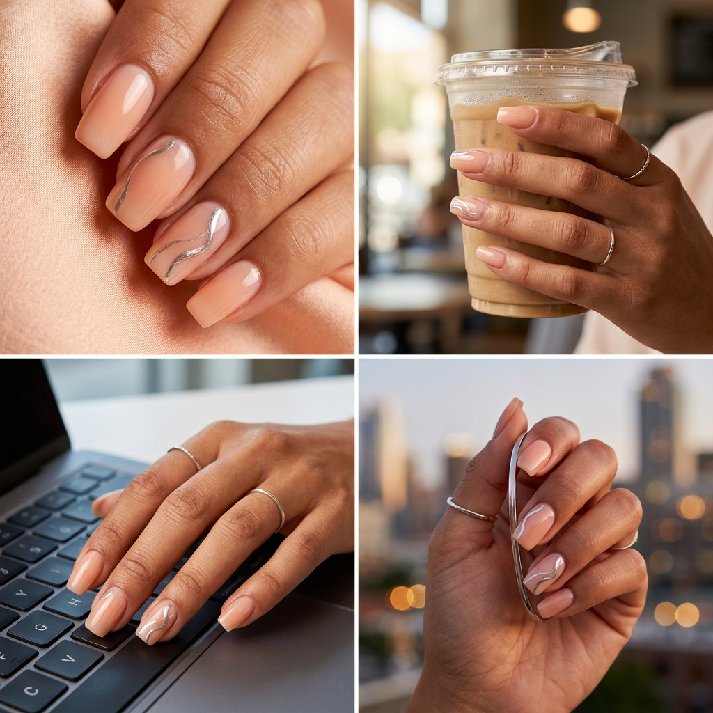 Peach Chrome Nails for Work - June Ideas 2026 Modern peach chrome accent nails for work and business casual outfits. June nails ideas 2026.