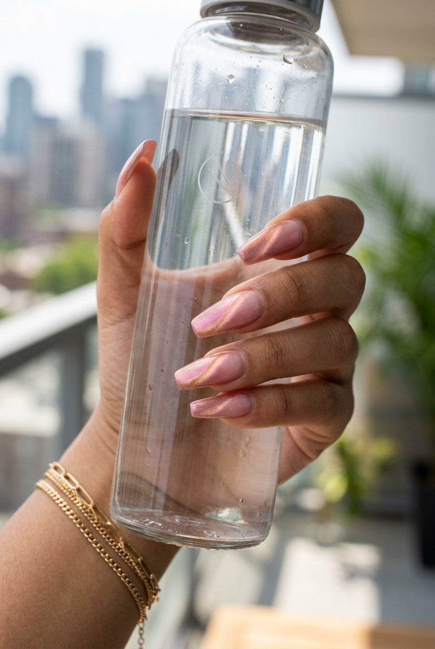 June Nails Ideas 2026: Sultry Rose Gold Cat-Eye Date Night Nails Milky pink nails with rose gold cat-eye shift for June nails ideas 2026, perfect for dates.