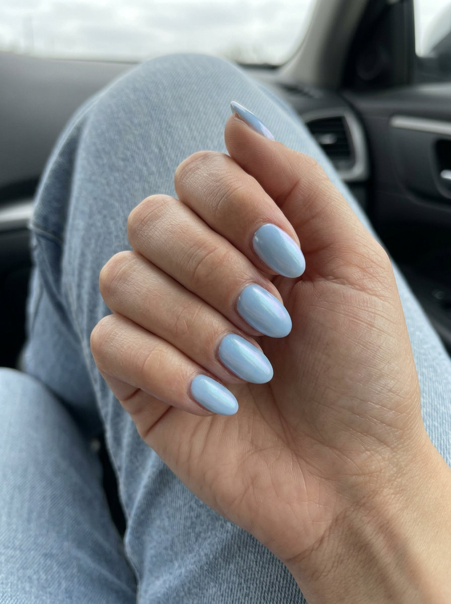 June Nails Ideas 2026: Sky Glow Pearlescent Sky Glow Pearlescent nails for date nights and romantic dinners, June nails ideas 2026.