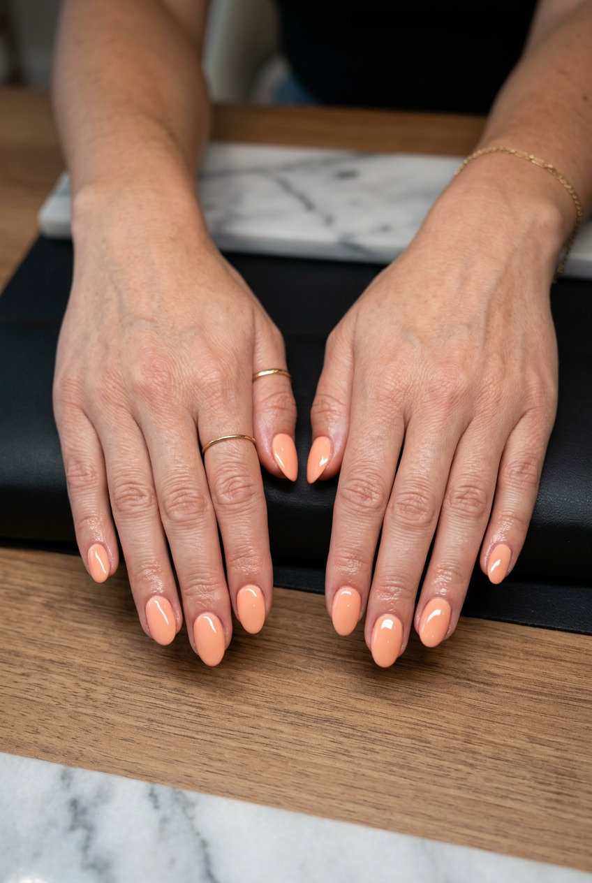 June Nails Ideas 2026: Romantic Soft Peach Glossy Oval Nails Soft peach glossy oval nails for June nails ideas 2026, elegant for special occasions.