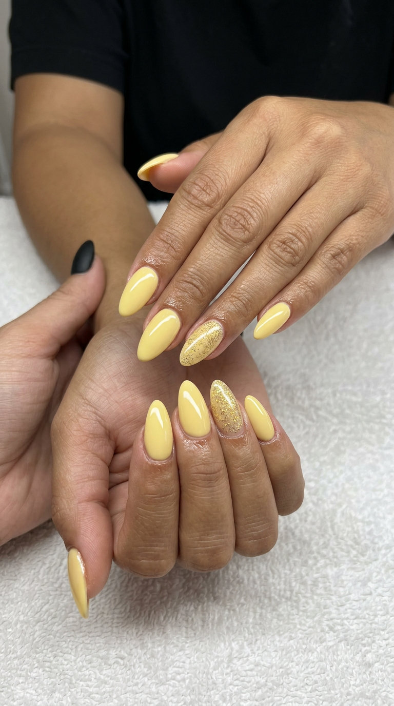 June Nails Ideas 2026: Sparkling Lemonade Sparkling Lemonade nails in butter yellow with gold glitter for summer parties, June nails ideas 2026.