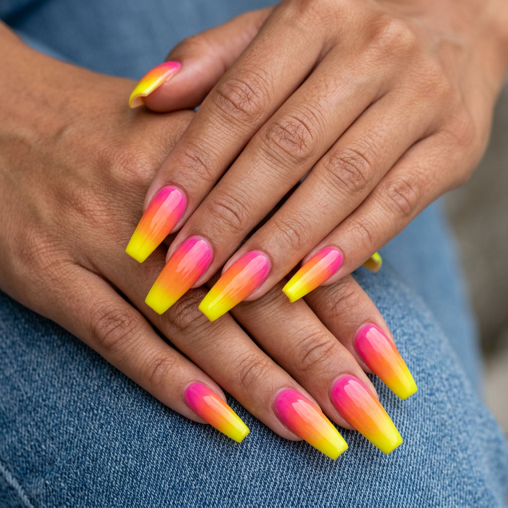 Vibrant Gradient Coffin Nails - June Ideas 2026 Summer aura gradient coffin nails for vacation and festivals. June nails ideas 2026.