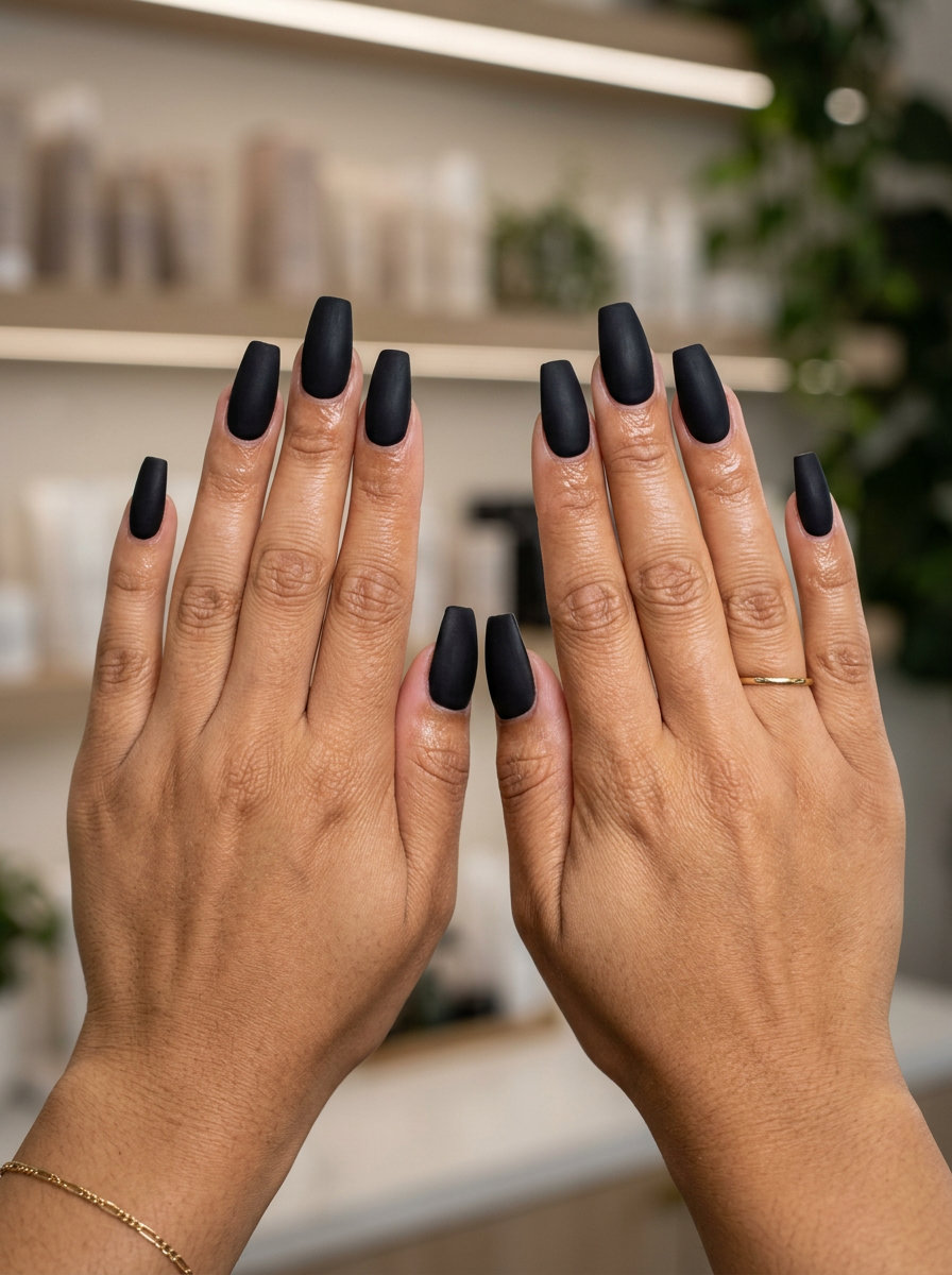 June Nails Ideas 2026: Edgy Velvet Noir Coffin Evening Nails Matte black velvet coffin nails for June nails ideas 2026, ideal for evening events.