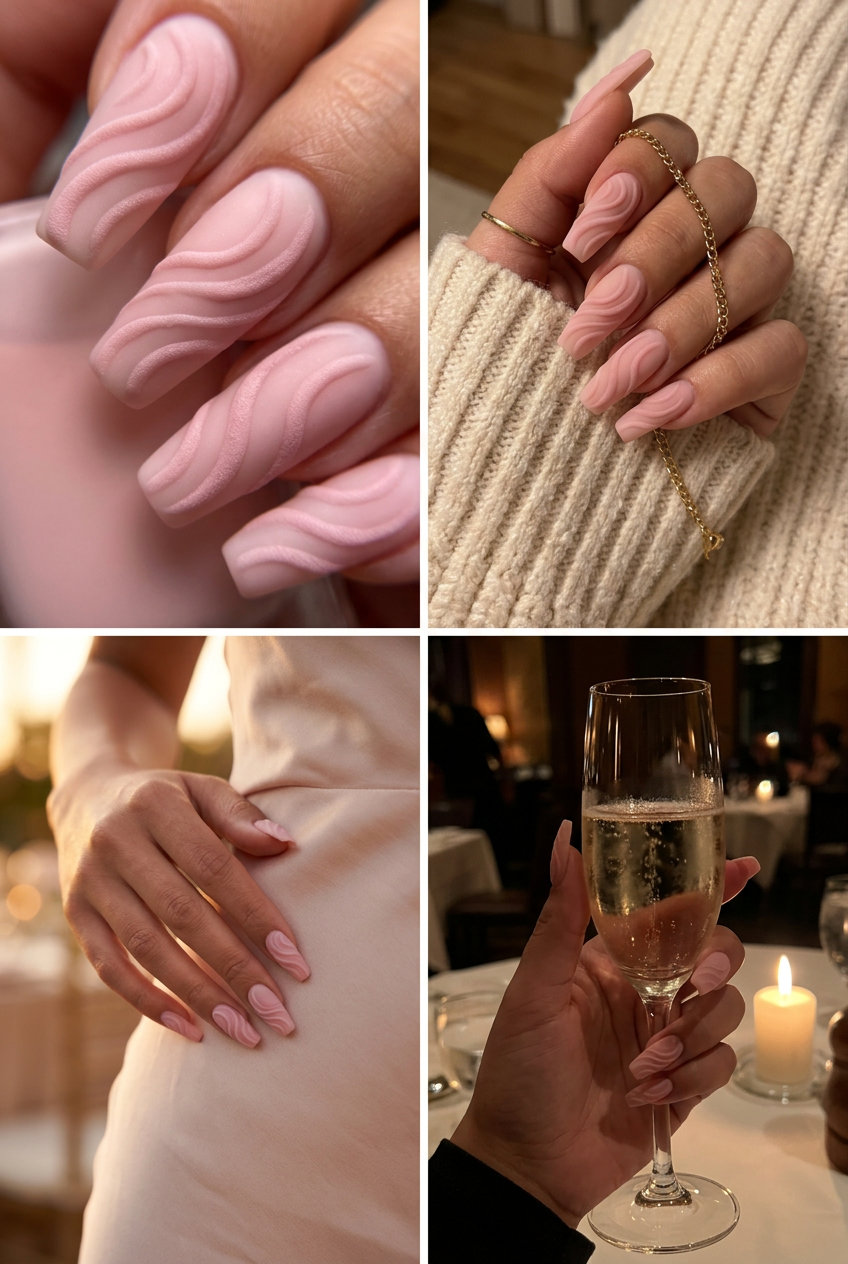 June Nails Ideas 2026: Glamorous Velvet Swirl Party Nails Milky pink nails with raised velvet swirls for June nails ideas 2026, perfect for parties.