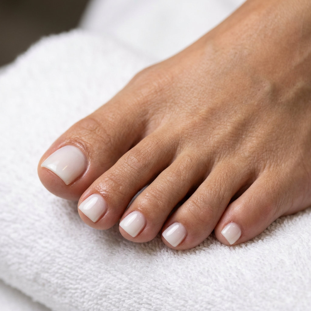 June Pedicure Ideas 2026: Milky White Gloss June pedicure ideas 2026: Sheer milky white gloss on medium almond nails.