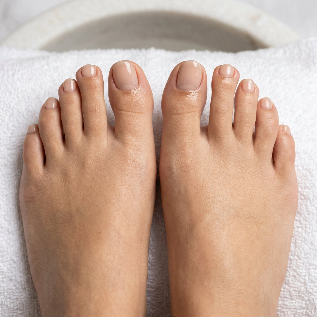 June Toe Nails Ideas 2026: Nude Almond Glow Sheer nude almond toenails with high gloss, polished June toe nails ideas 2026.