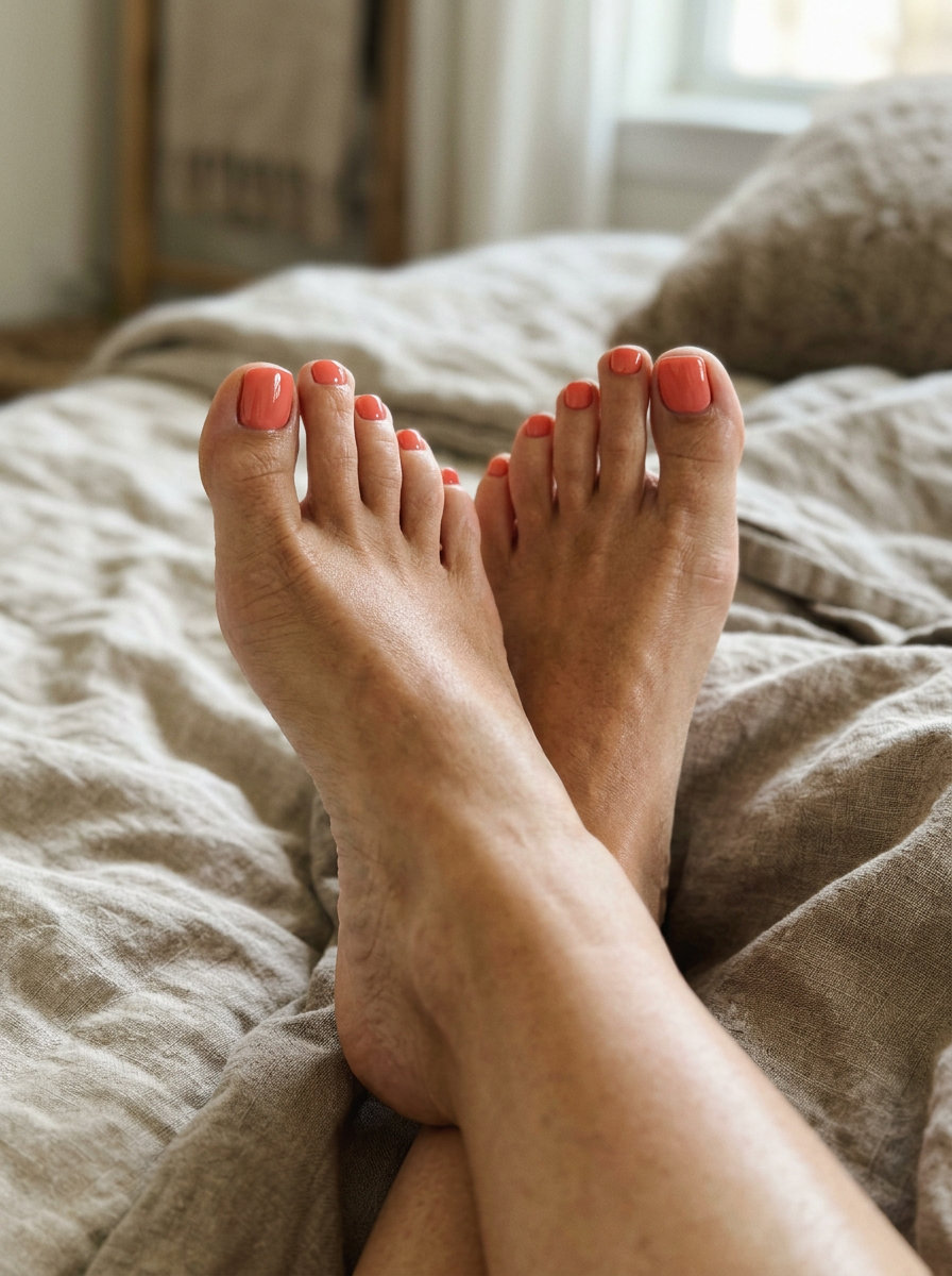Tropical Coral Toenails | June Toe Nails Ideas 2026 Bright coral toenails with a high-gloss finish for summer vacation and beach days. June toe nails ideas 2026.