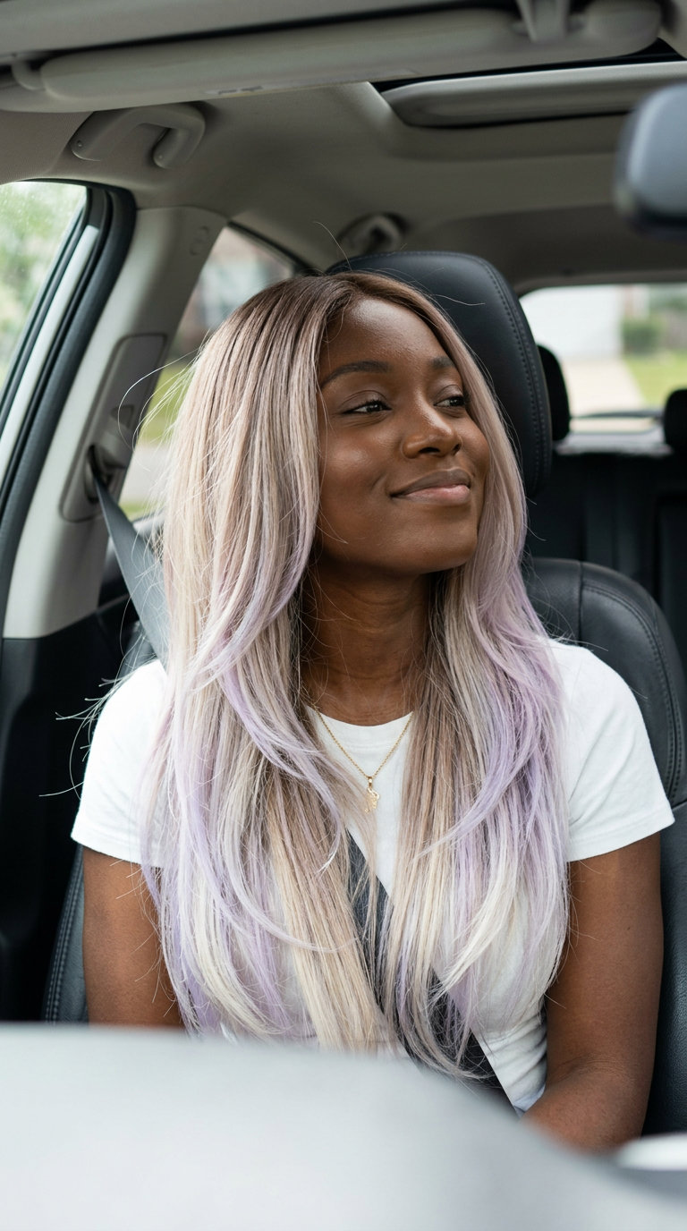 long pastel lavender ombré with cool blonde & silver-violet, diffused balayage for summer events