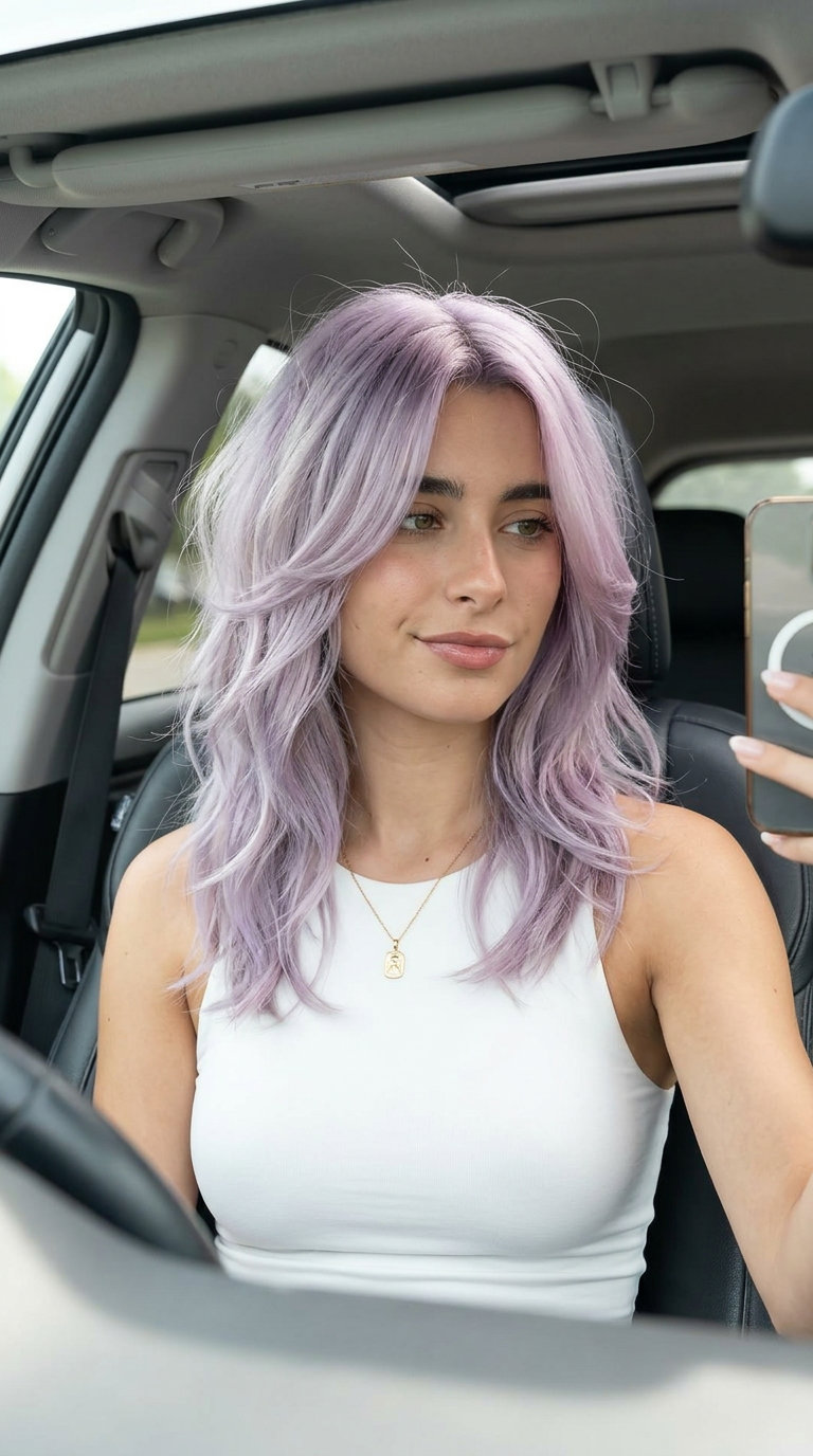 medium butterfly haircut in pastel lavender with silver undertones, no bangs, soft face-framing — whimsical dreaminess