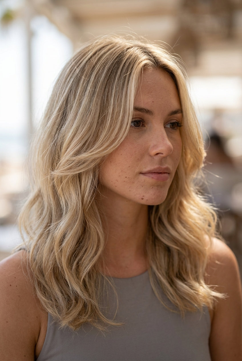 long butterfly haircut in light blonde with vanilla and golden babylights, gently carved layers, no bangs — radiant casual outing