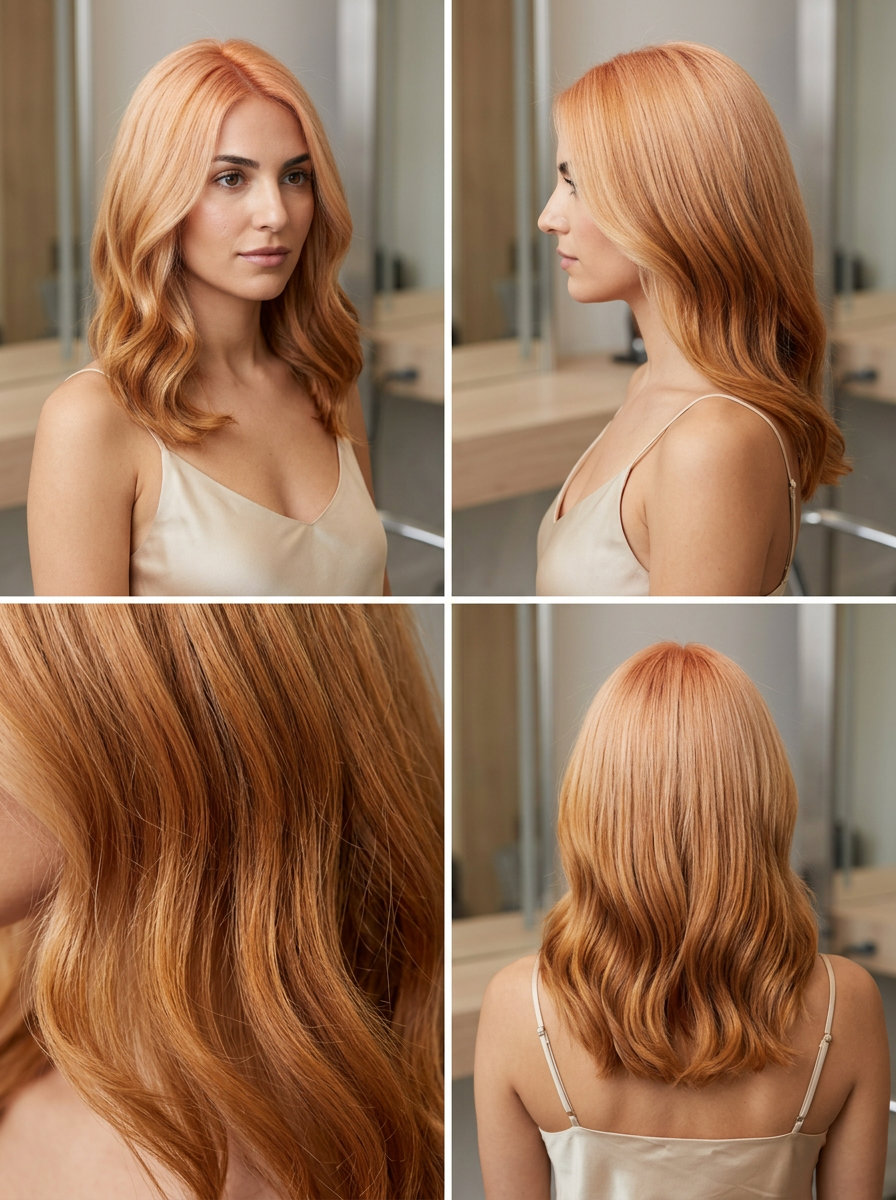 Strawberry Blonde Reverse Balayage 2026 long light strawberry blonde to deep amber ends, reverse balayage — elegant modern style