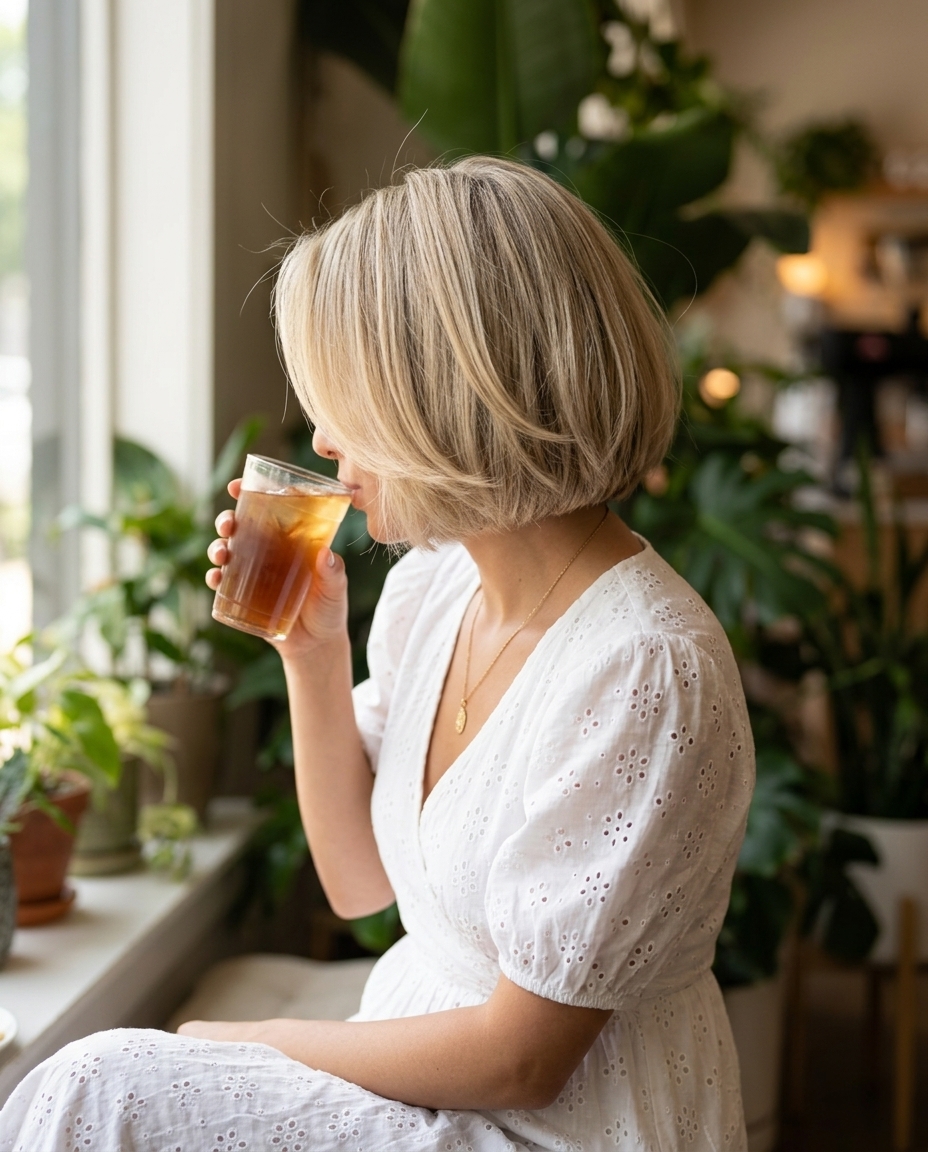 chin-length Italian bob with linen blonde color, internal layers, and face-framing pieces for summer
