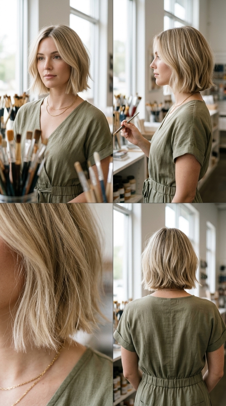 chin-length layered bob haircut in linen blonde with root smudge and point-cut ends for summer