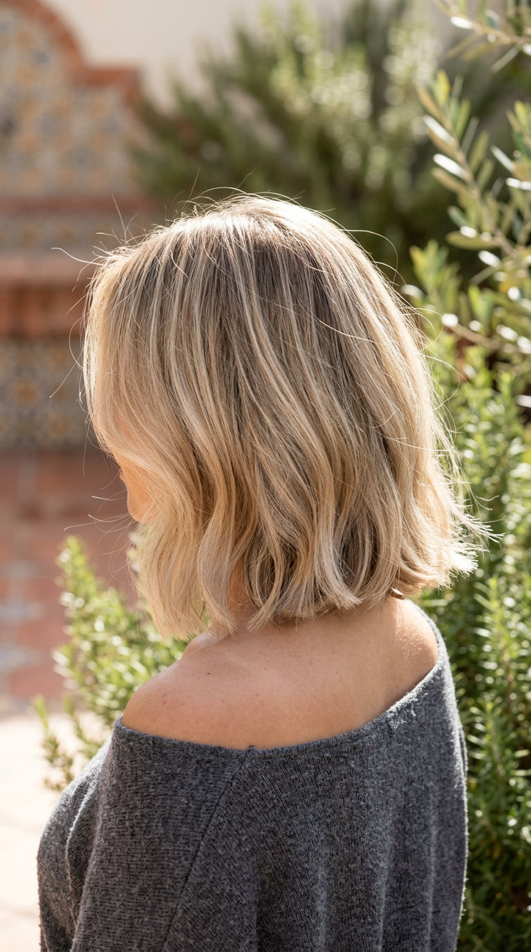collarbone-length lob with linen blonde, sandy babylights, ash root smudge — chic summer haircut 2026