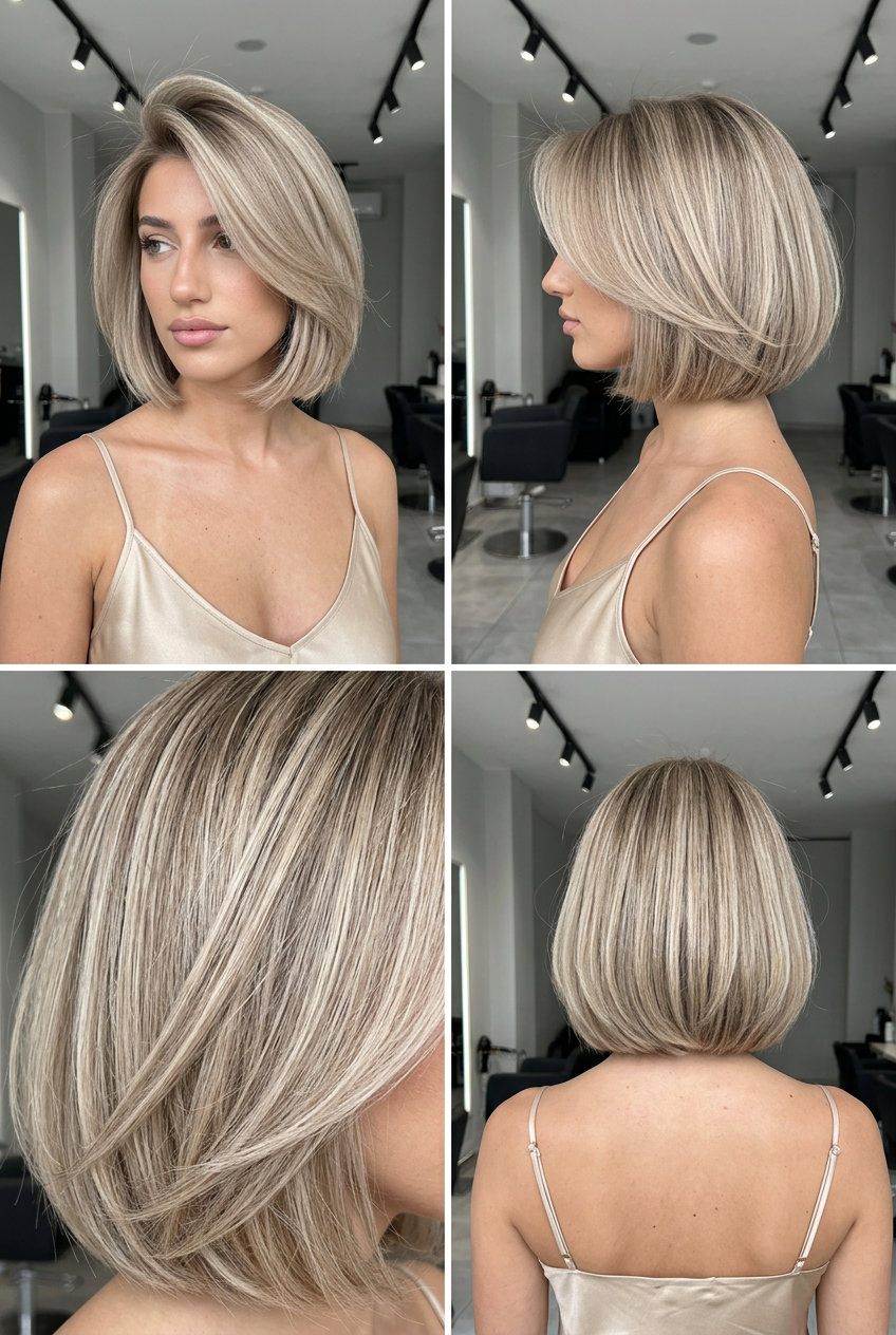 jaw-length bob with neutral linen blonde, cool beige highlights and deep side part for retro glamour