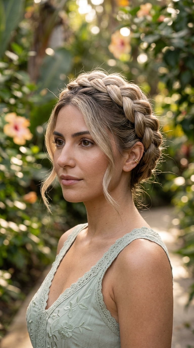 long ethereal crown braid with linen blonde color, bohemian texture for summer