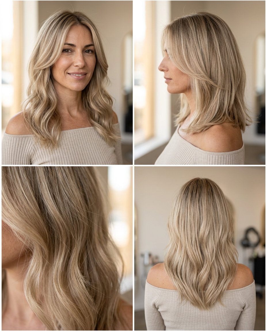 long haircut in linen blonde, sandy beige undertones, face-framing layers — romantic, effortless, luxurious