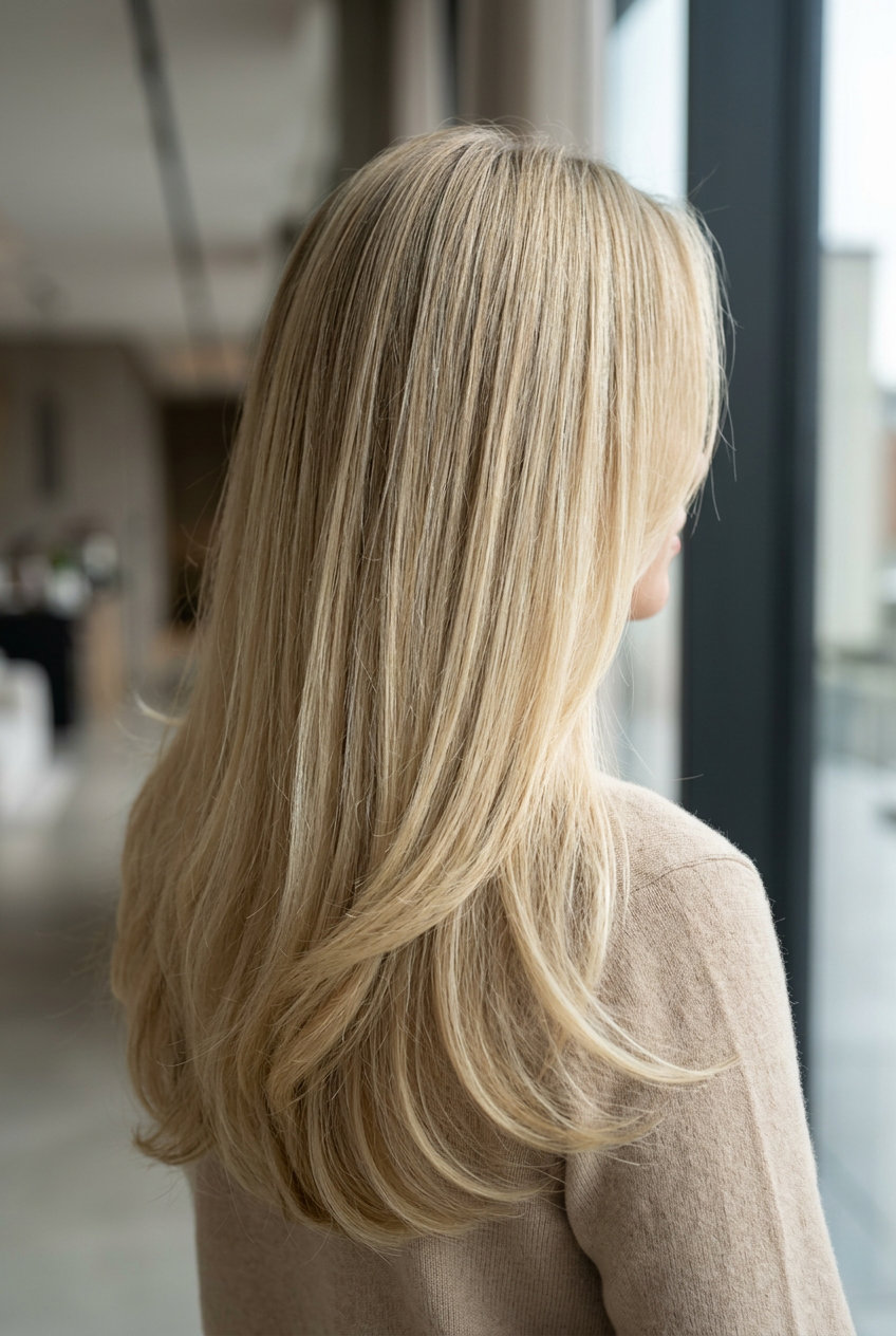 long one-length haircut with internal ghost layers in linen blonde, beige babylights for professional