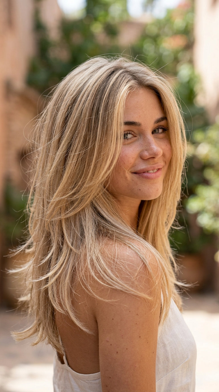 long softly layered haircut in linen blonde with beige babylights, face-framing pieces for beach