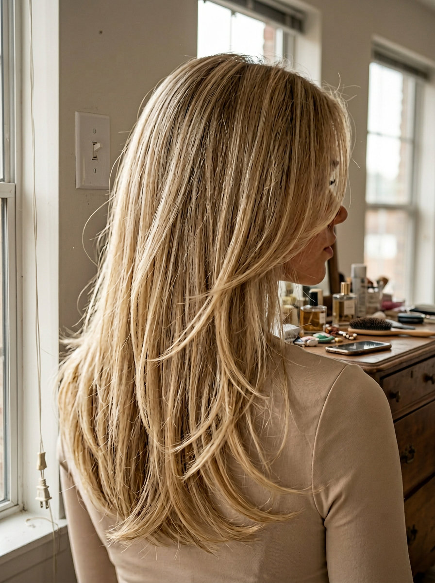 long v-cut haircut with subtle face-framing layers in neutral linen blonde, sandy root for casual
