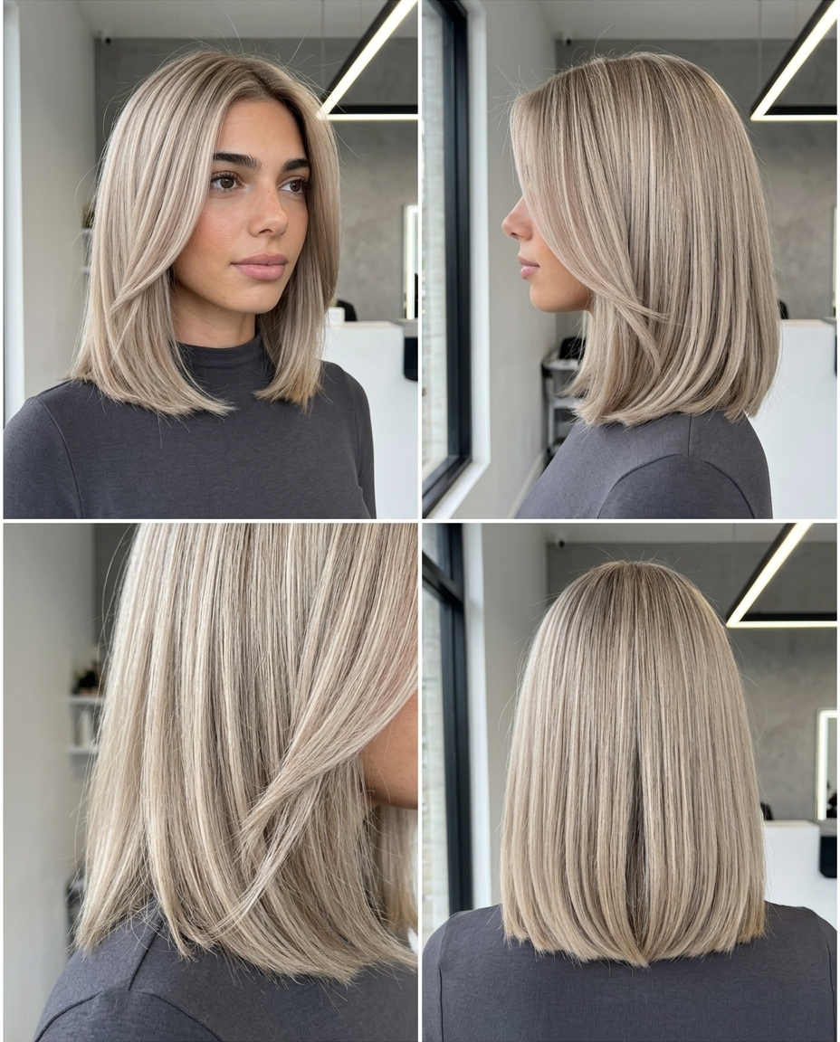 medium blunt lob haircut with linen blonde, cool beige, no bangs — elegant