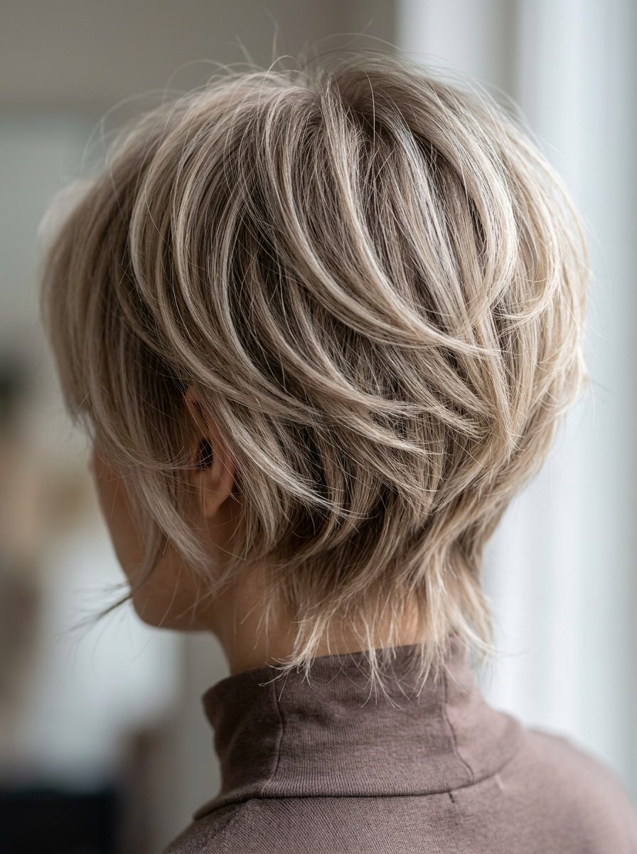 pixie linen blonde butterfly haircut with taupe lowlights and razored layers for edgy looks
