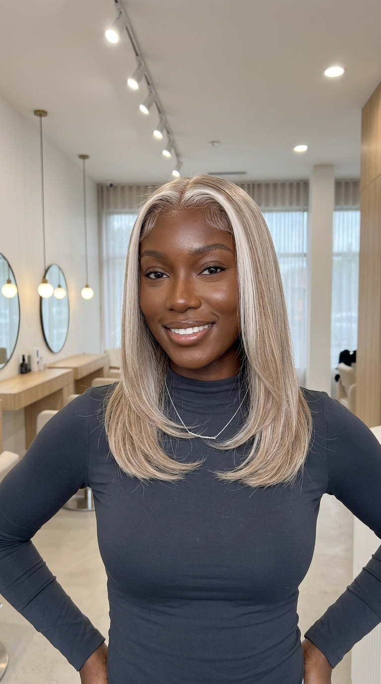 short linen blonde with platinum ash face-frame, no fringe — minimalist