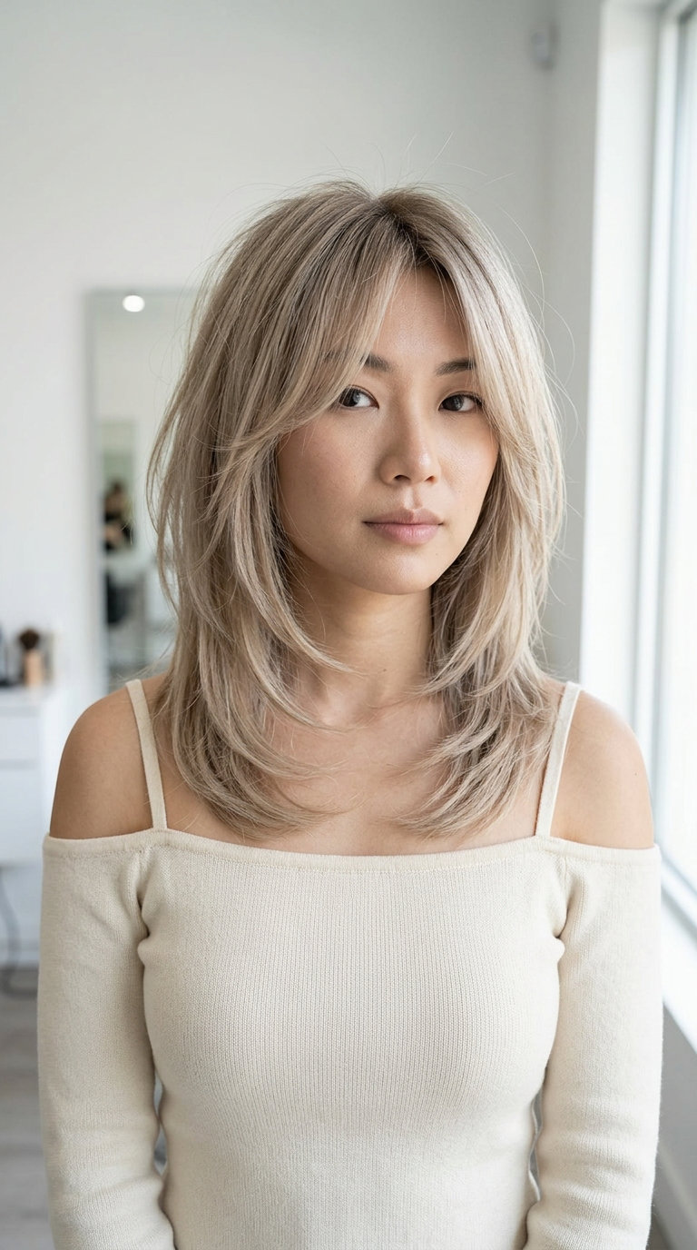 shoulder-length shag haircut with linen blonde color, babylights, soft root smudge, razored ends — minimalist and effortless