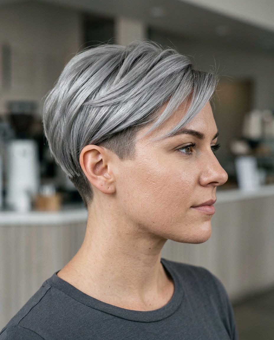 very short pixie haircut in cool linen grey with charcoal root, undercut sides, no fringe — edgy chic