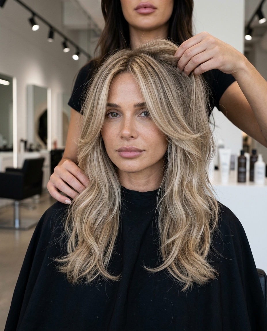 midi linen blonde balayage with sandy beige highlights and face-framing layers