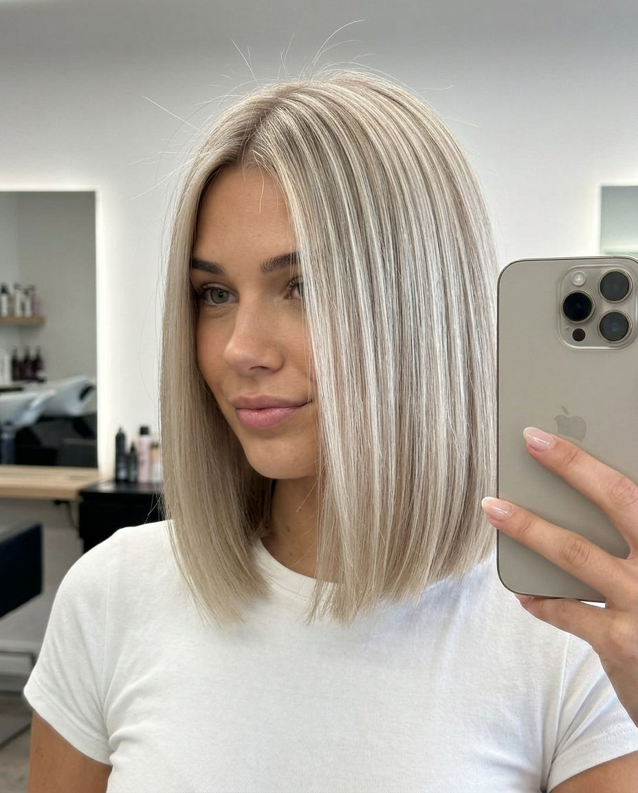 short neutral linen blonde bob with ash-beige toner and root smudge for professional events