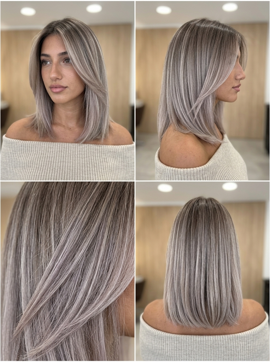long layered ash blonde root smudge with cool brown and pearl tones for effortless look