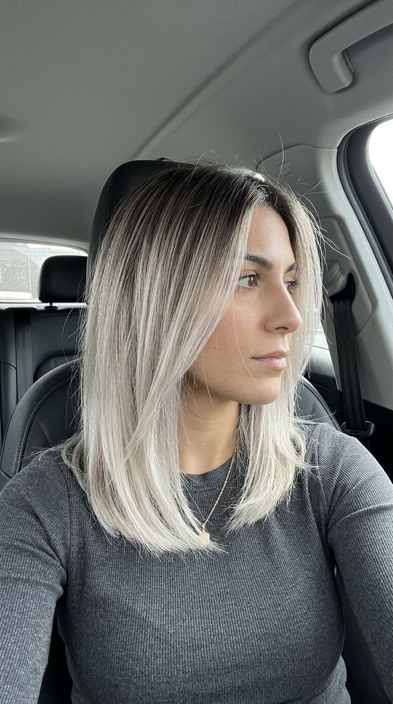 long straight ash blonde ombré with smoky mushroom root and icy ends for dramatic look