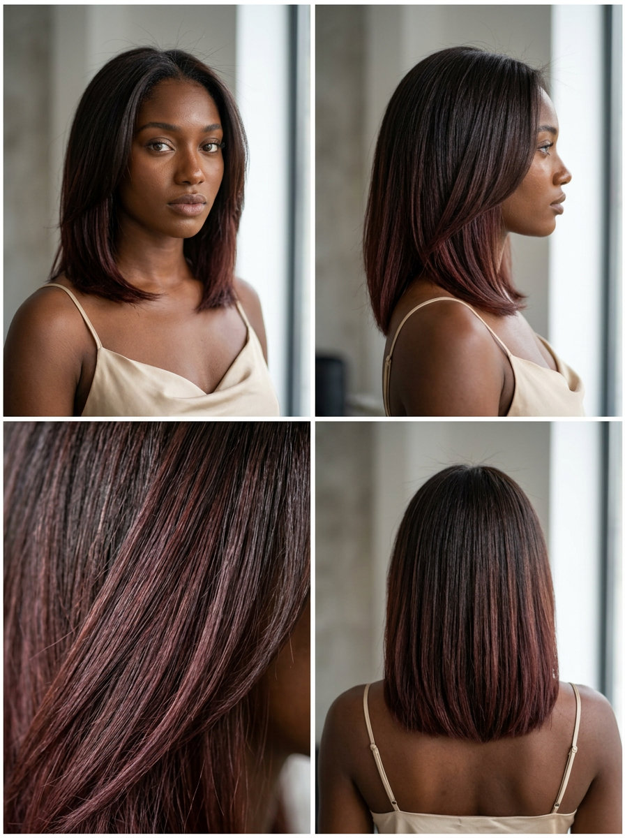 medium mahogany auburn peekaboo underneath a dark brunette base for night out