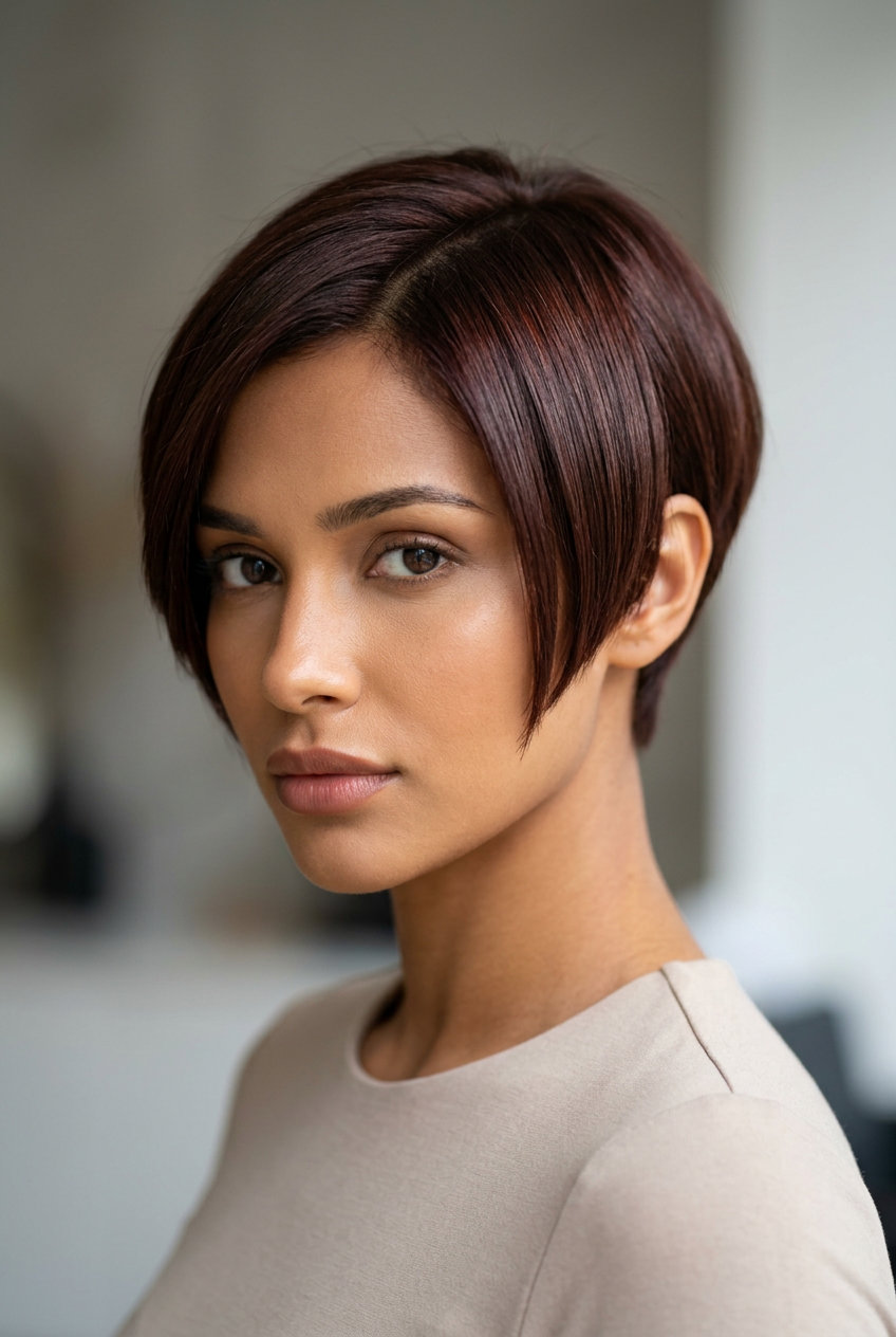 very short pixie haircut with deep mahogany brown, sculpted silhouette, clean tapered nape for professional setting
