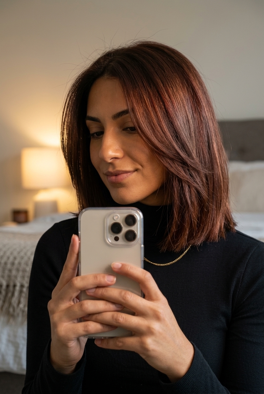 medium blunt lob haircut with mahogany brunette, auburn lowlights, no bangs — sophisticated