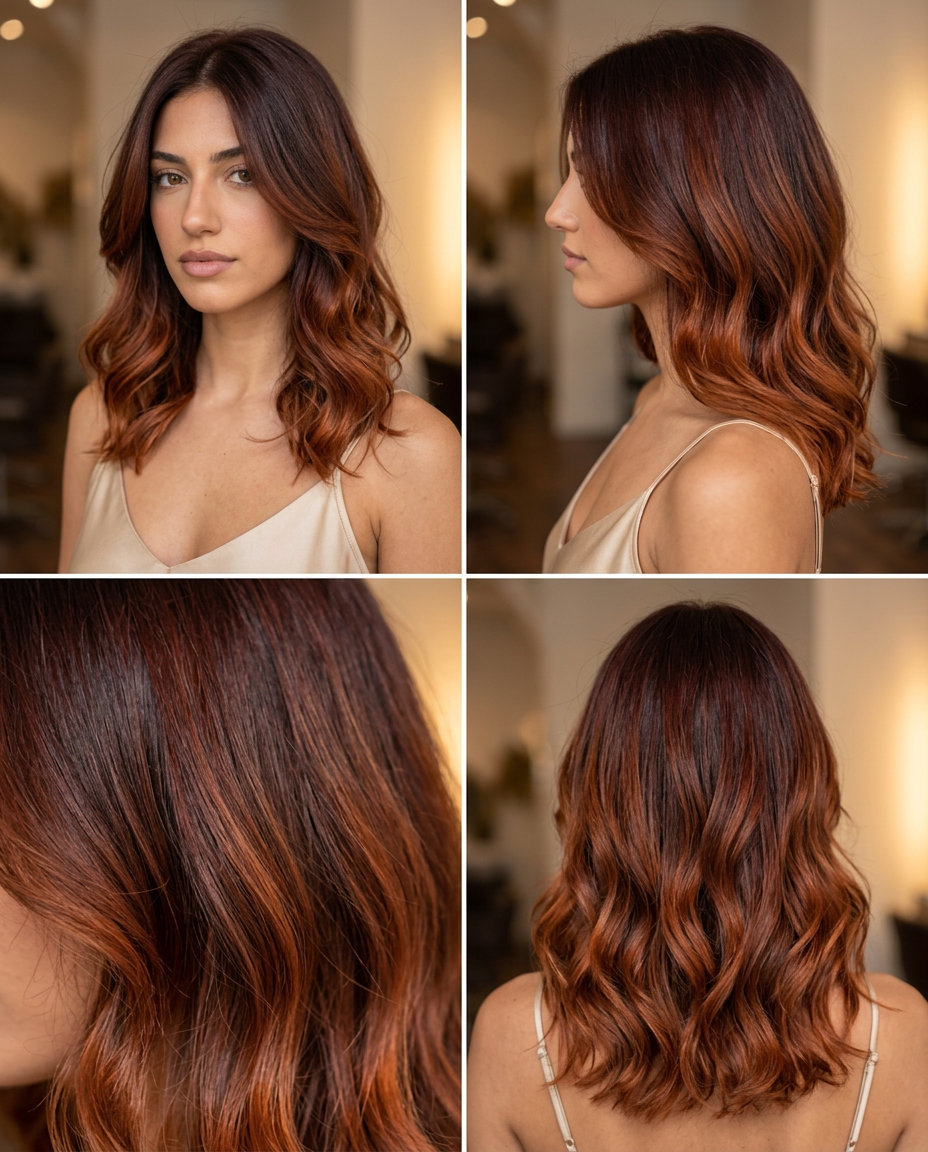 long layered mahogany ember ombre with fiery copper, romantic blend, no fringe — luxurious warmth