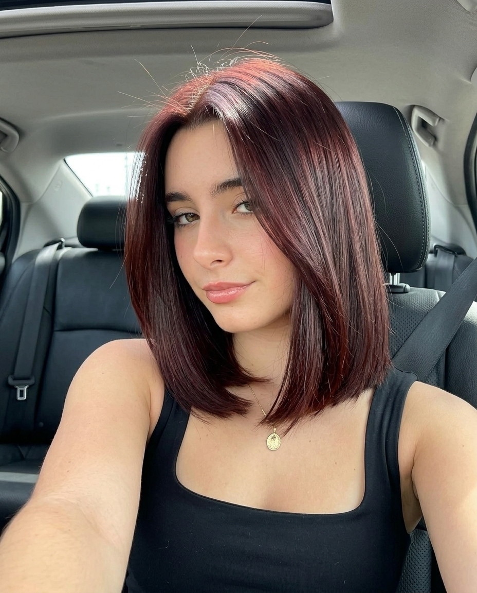 long one-length mahogany hair color with red-violet undertones, blunt cut, sophisticated luxurious mood