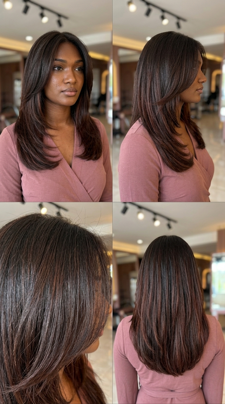 long chocolate brunette hair color with mahogany underlayer, reverse balayage, elegant mood