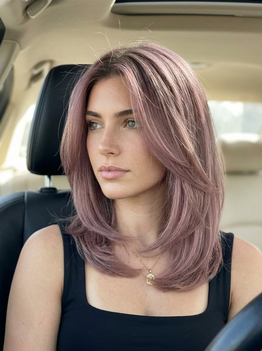 medium layered haircut in muted mauve with cool pink undertones, no bangs — ethereal, unique, soft