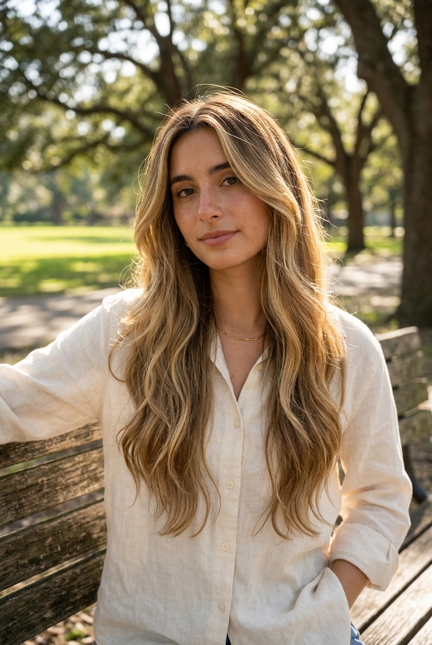 long flowing haircut in medium brown with golden balayage, soft face-framing — romantic summer haircut 2026