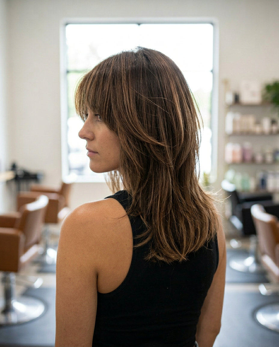 collarbone-length shag haircut with medium brunette, cool espresso lowlights, bottleneck bangs — chic professional