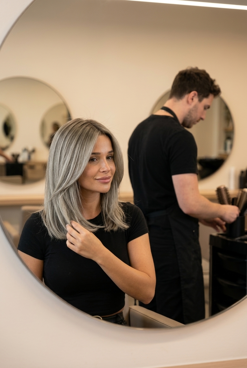 medium shag ash blonde babylights with silver sage tones and neutral root for natural look