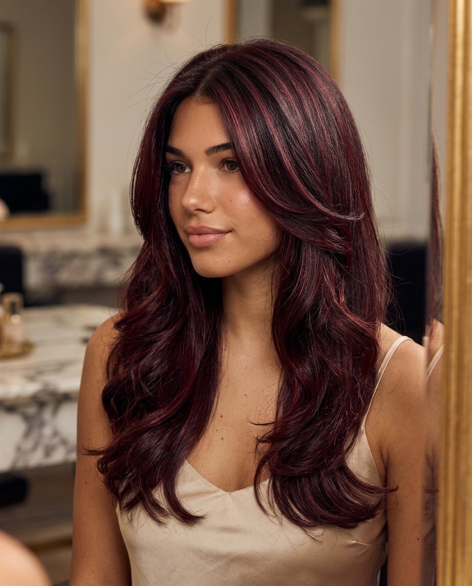 mid-back length haircut in deep merlot burgundy with ruby red babylights, seamless layers, no bangs — glamorous sultry