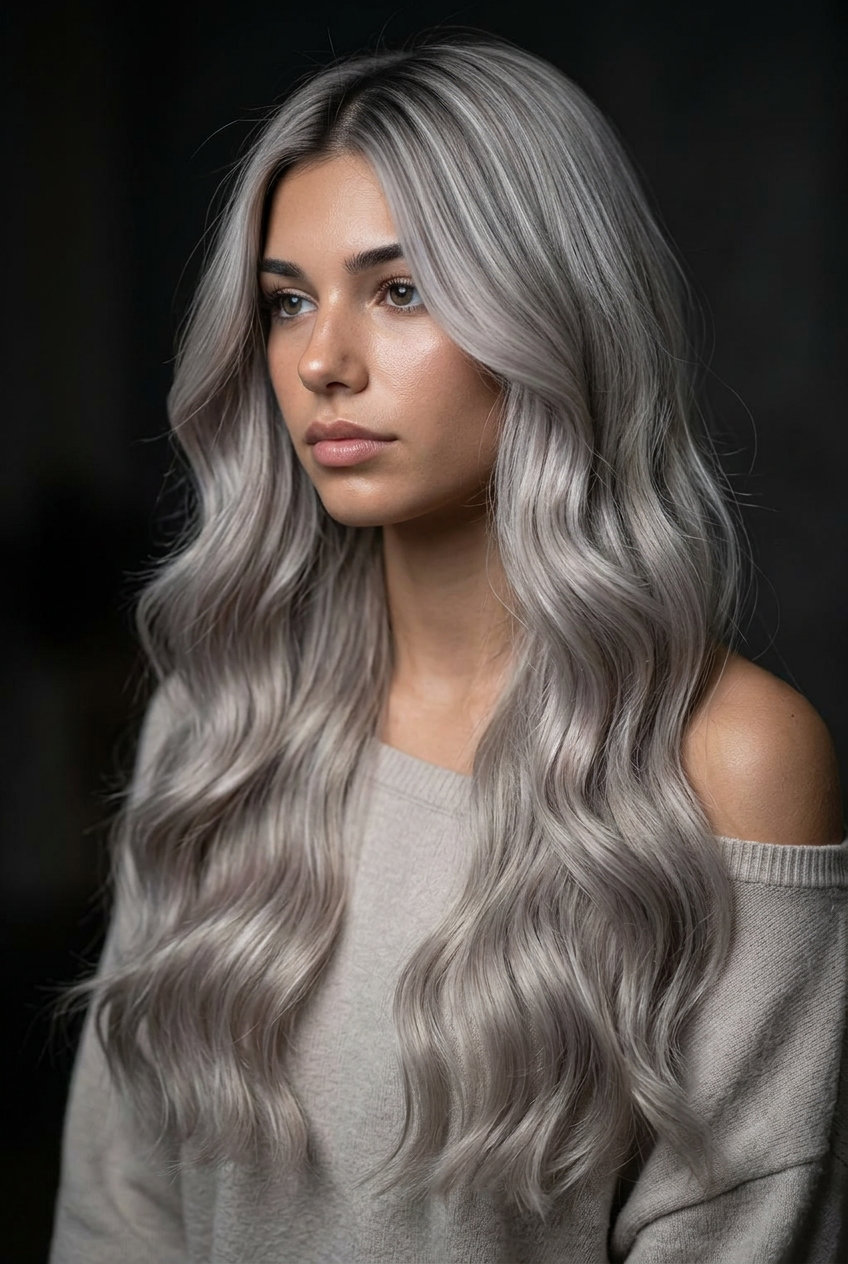 ultra-long soft haircut with metallic smoked pearl blonde and cool root smudge, cascading layers, face-framing pieces — ethereal formal event