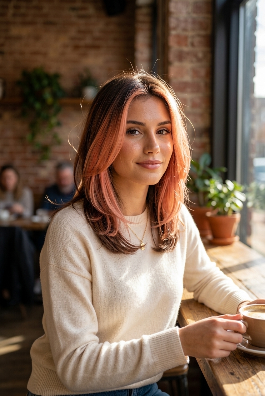 Artistic Strawberry Mid-Length Pop 2026 layered strawberry blonde hair color with mid-length pop, no bangs — bold artistic