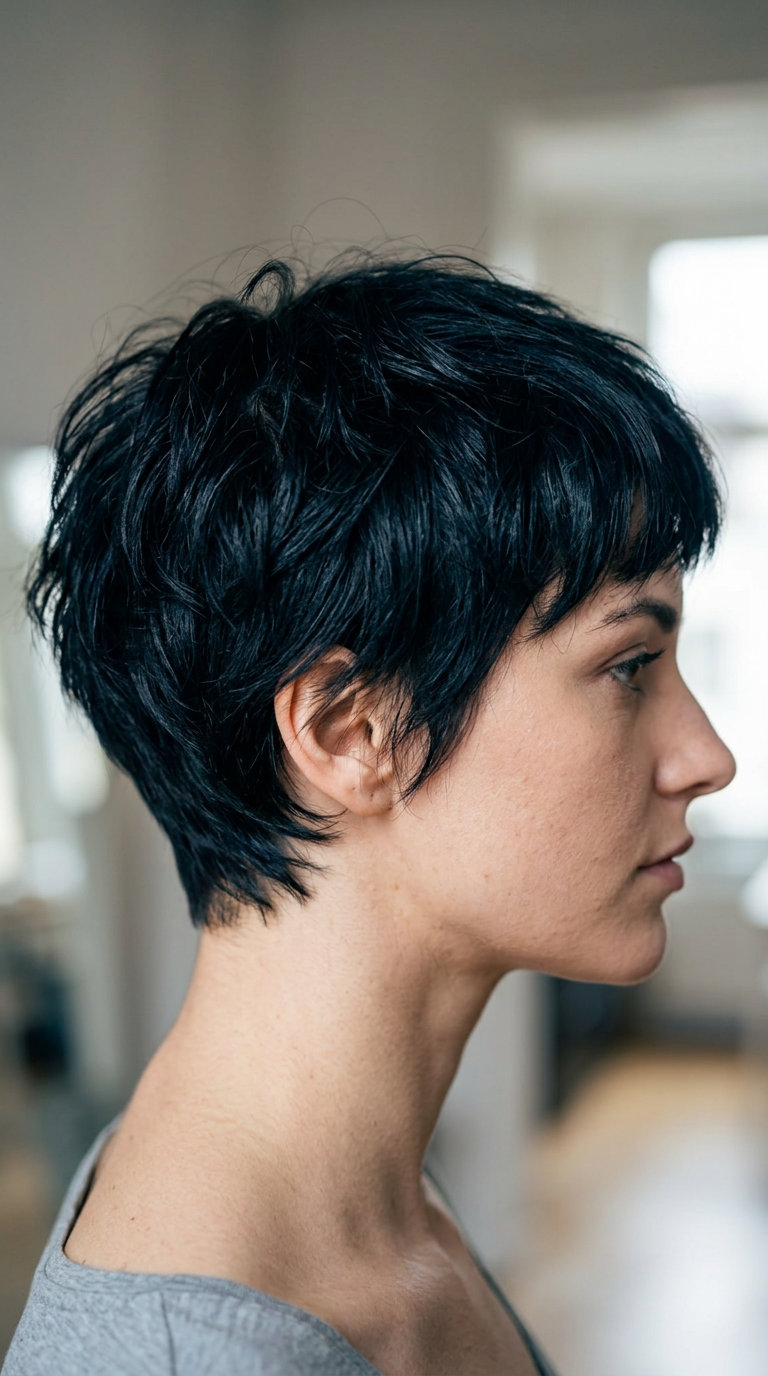 very short layered pixie haircut in deep midnight black with cool undertones, scissor taper, disconnected internal layers — edgy gamine style