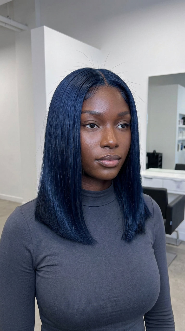 mid-length midnight blue blunt cut with sapphire undertones for sleek look