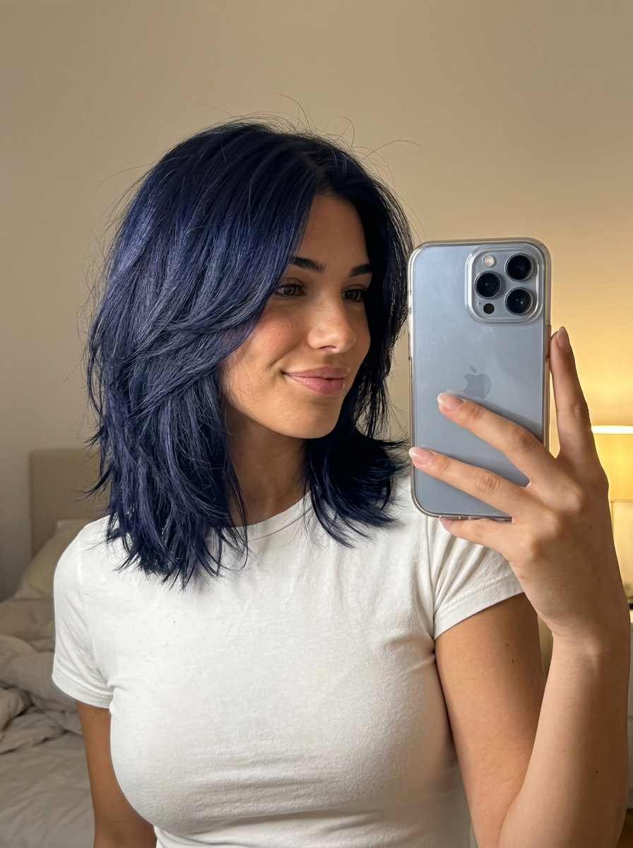 mid-length midnight blue cut with textured layers and violet undertones
