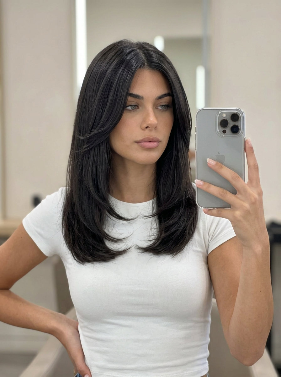 collarbone-length midnight espresso butterfly lob with defined face-framing layers for professional meetings
